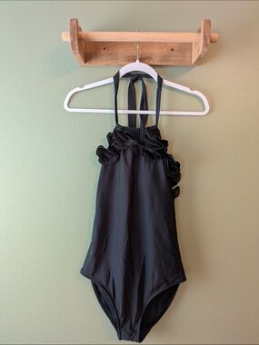 Ted Baker London Black One Piece Halter Top Bathing Suit With Flowers Sz 2